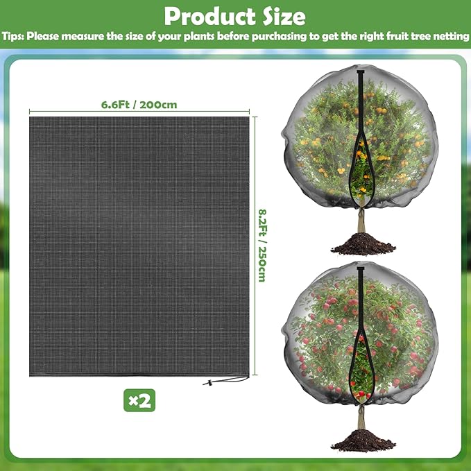 2 Pack Fruit Tree Netting with Zipper and Drawstring, 6.6 x 8.2 Ft Bird Mesh Net Barrier Blueberry Netting for Bushes, Garden Plant Protection Net Cover for Apple Trees Vegetables Fruits