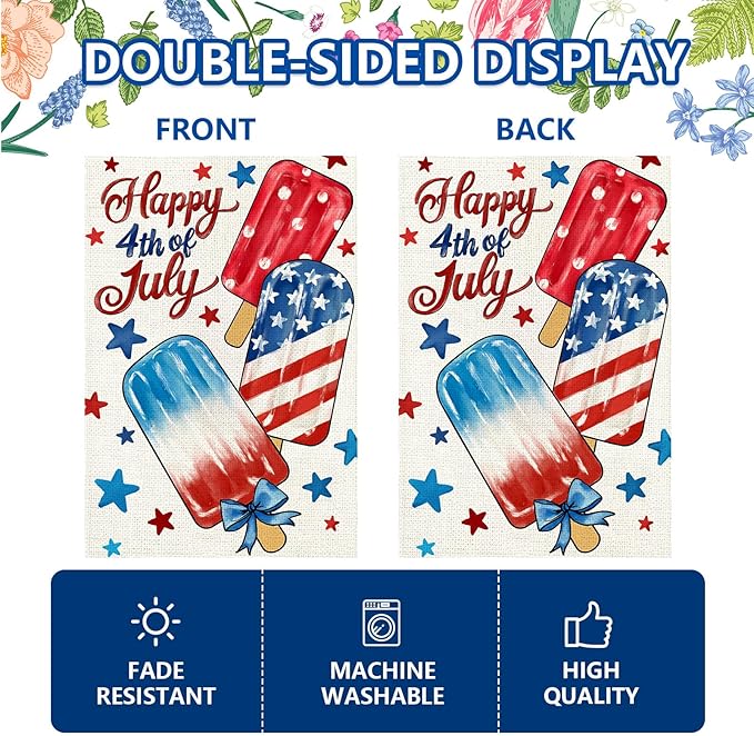 4th of July Garden Flag 12x18 Inch, Popsicles Double Sided Flag for Yard Outdoor Decoration