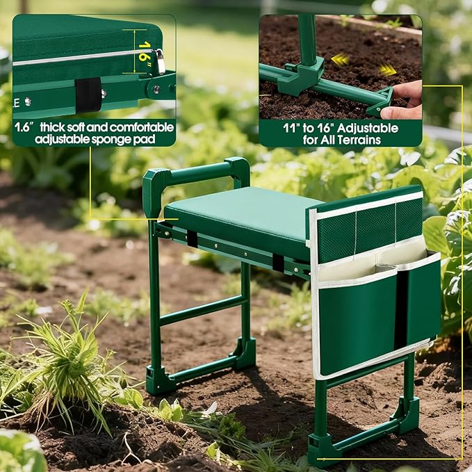 Garden Kneeler and Seat for Seniors: Heavy Duty 420 LBS Support Anti-Tip Multifunctional Gardening Stool Bench with Widened Thick Soft Kneeling Pad &Tool Bag - Foldable for Gardeners
