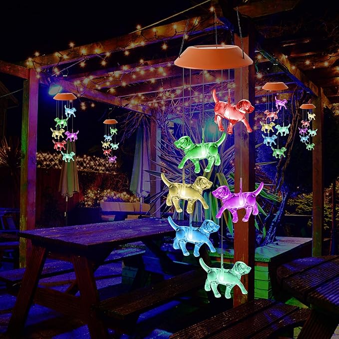 Dog Wind Chimes Solar Powered Wind Chime Outdoor Dog Remembrance Gifts Color Changing Solar Mobile Hanging Solar Wind Chimes Garden Gift for Grandma Yard Decor