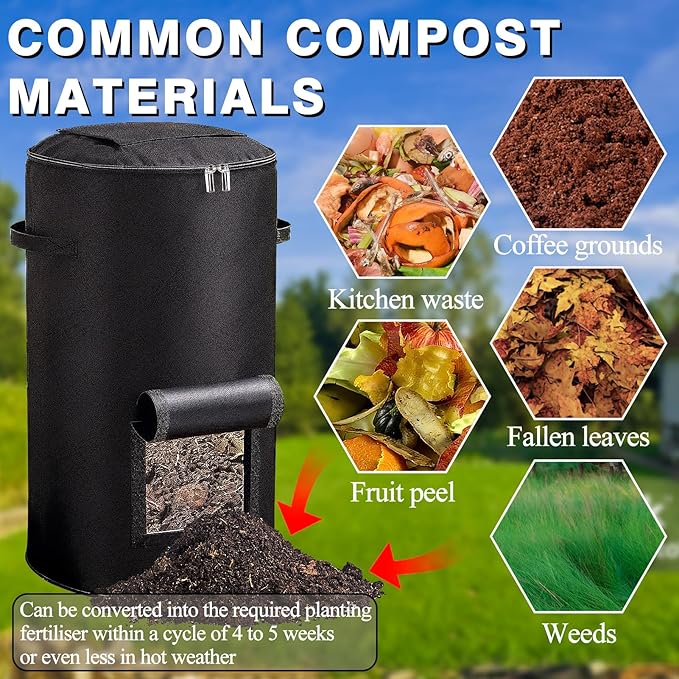 Compost Bins Outdoor with Observation Windows, 34 Gallon Reusable Home Compost Bucket for Outside Garden, Backyard, Heavy Duty Nonwoven Fabric Yard Waste Bag (1 Pack, Black)