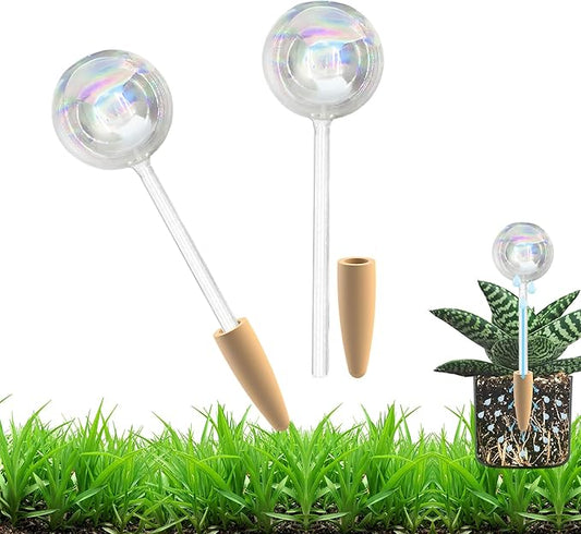 Non-Clogging Iridescent 2 Pack Ball Plant Watering Globes with Terracotta Spikes, Hand Blown Glass Self Watering Planter Insert Plant Watering Devices Bulbs for Indoor and Outdoor Plants