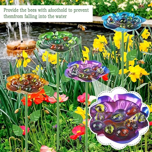 4 Pack Bee Watering Station, Metal Bee Feeder with Glass Marbles, Flower Shape Bee Butterfly Watering Station Bee Waterer for Outdoor Garden Courtyard Decor