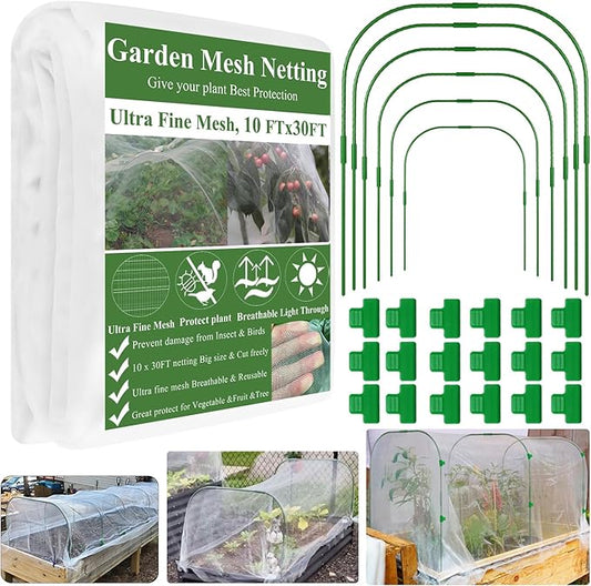 Garden Mesh Netting Kit, Plant Covers 10x30Ft Ultra Fine Mesh Netting & 6Pcs Garden Hoops &18 Clip, Garden Netting Kit for Raised Beds Plants Pest Barrier Greenhouse Row Cover Animal Protection Net