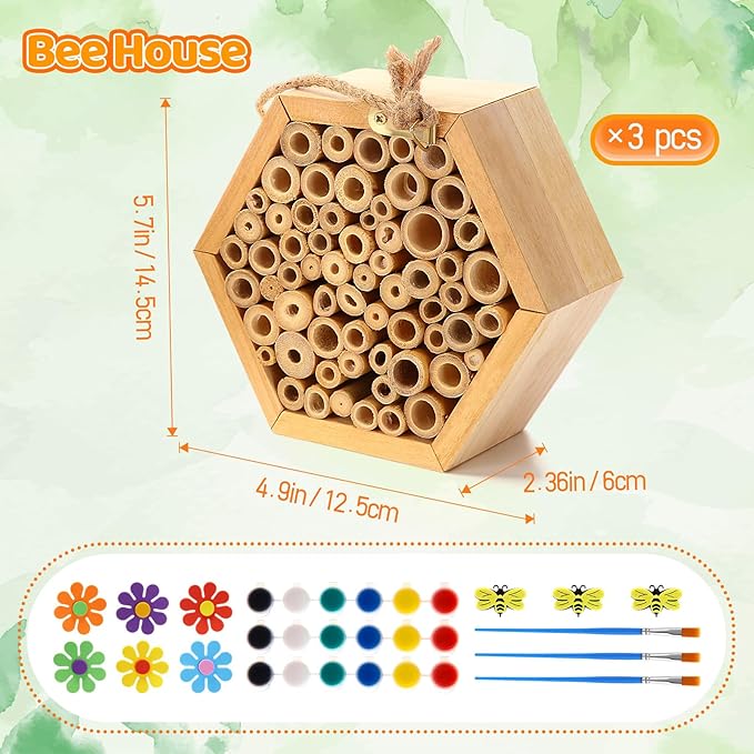 Leinuosen Mason Bee House for The Garden with DIY Painting Kits and 3 Felt Bee 6 Felt Flower Natural Handmade Wooden Box with Bamboo Tubes for Pollinators to Enhance Your Garden's Productivity