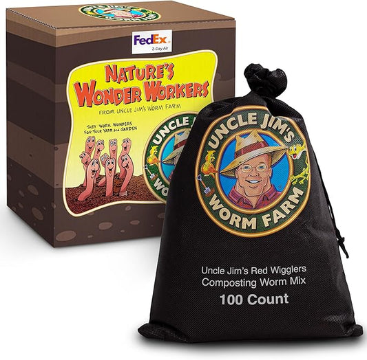 Uncle Jim's Worm Farm 100 Count Red Wiggler Composting Worms Mix for Garden Soil or Fishing | Starter Pack of Compost Worms Improves Soil Structure and Quality for Healthier Gardens