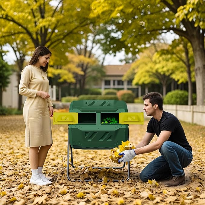 43 Gallon Large Dual Chamber Composting Tumbler Outdoor Garden Rotating Compost Bin Tumbling Composter with Sliding Door, Green