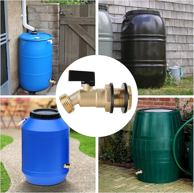 Brass Water Container 3/4" Threaded Rain Barrel Spigot Leak-Proof Rain Barrel Faucets Turn Ball Valve with Bulkhead Fitting and Washers for Garden Hose Thread Connection (Type A)