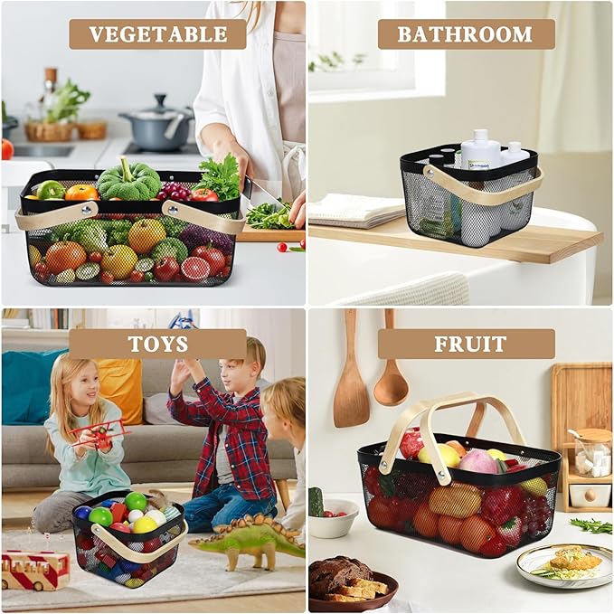 Dualshine 2 Pack Garden Harvest Basket, Metal Mesh Wire Picnic Basket with Handle, Rectangle Garden Baskets for Gathering Vegetables, Fruits, Kitchen, Home Cabinet Closet and Office(Black)