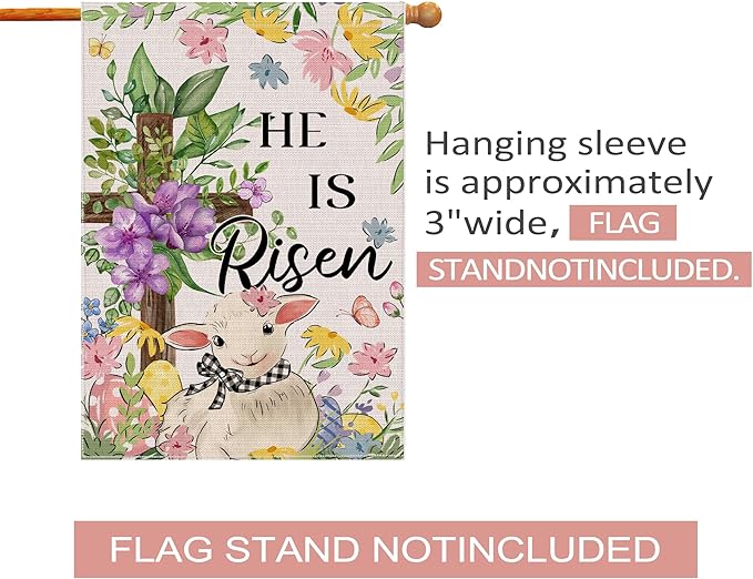Easter Flag 28x40 Inch Double Sided Outside, He Is Risen Easter Flag Burlap Lamb Flowers Cross Decorations Outdoor Yard