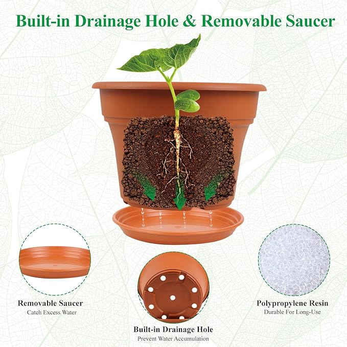 10 Inch Plastic-Flower-Pot-for-Indoor-Plants, 4 Pack Large Outdoor Planter Pot with Drainage Holes & Saucers, Resin Decorative Garden Pots Planters