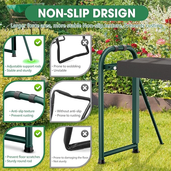 Heavy Duty Garden Kneeler and Seat for Elderly, 400lbs Capacity Foldable Gardening Stool with Support Legs & Thick Pad, Includes Large Tool Organizer Bag, Black (Dark Green)