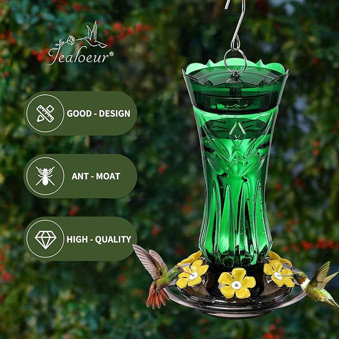 Hummingbird Feeder for Outdoors Hanging, 18 OZ Humming Birds Feeders with 6 Bee Guard Feeding Ports & Built-in Ant Moat, Easy to Clean, Durable Outdoor Garden Decor (Green 1 Pack)
