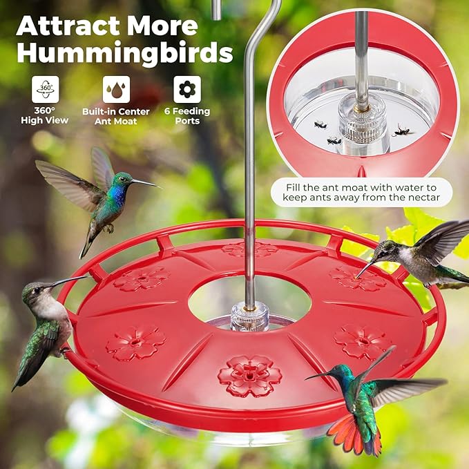 Kingsyard 16 OZ Hummingbird Feeders for Outdoors Hanging, 6 Bee Proof Feeding Ports Humming Nectar Bird Feeder, Ant Moat Easy to Refill & Clean Leak-Proof, Garden Décor Gifts for Women Mom
