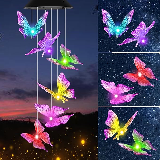 Purple Butterfly Solar Wind Chimes Outdoor Color Changing Solar Lights Garden Decor Best Gifts for Mom Decorations Mobile Windchimes Unique Chiristmas Gifts