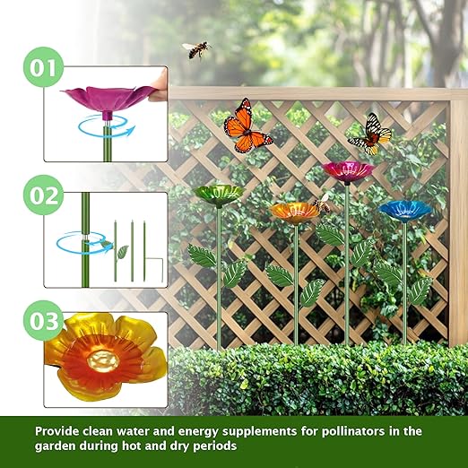 2 Pack Bee Watering Station,Colorful Metal Insect Bath Feeder for Garden, Butterfly Feeder and Bird Drinking with Flower Design, Outdoor Yard Decor (Yellow,Green)
