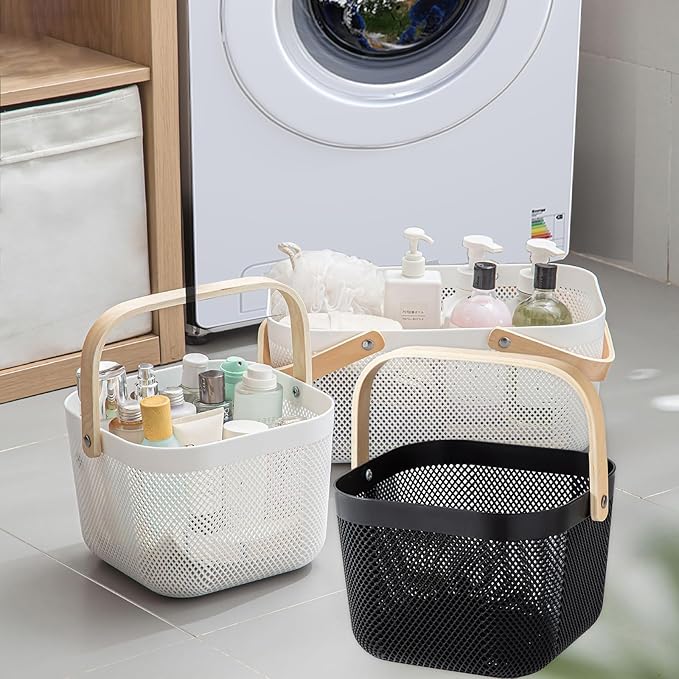 2 Pack Plastic Picnic Baskets, Mesh Harvest Basket with Foldable Wooden Handle, Rectangle Fruit Vegetable Storage Organizer Bins for Gathering, Kitchen, Pantry, Black