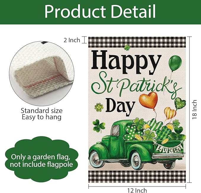 Shamrock Happy St Patrick's Day Garden Flag 12x18 Inch Double Sided, Burlap Green Lucky Clover Truck Holiday Yard Flag for Outside Yard Decoration
