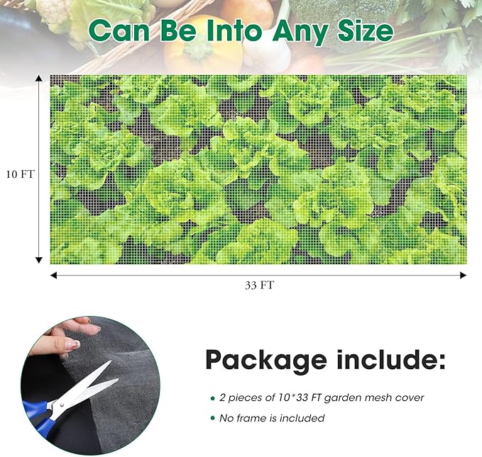 Unves 2 Pack 10 x 33 FT Garden Netting, Mosquito Net Ultra Mesh for Garden Protection Vegetable Fruits, Raised Bed Plant Covers Insect Bird Netting Protect Plants from Birds Bugs