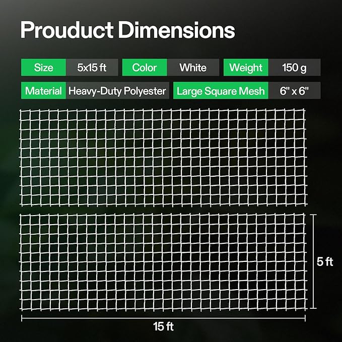 VIVOSUN 5 x 15 ft. Plant Trellis Netting, Heavy-Duty Polyester Grow Net, Garden Trellis Netting with Square Mesh for Climbing Plants, Vegetables, Fruits, and Flowers, 4-Pack