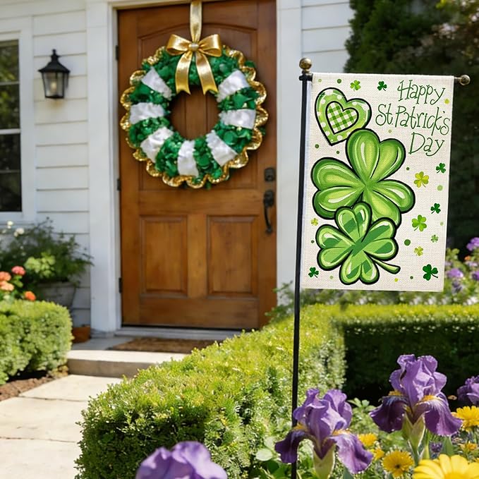 Nanafast Happy St. Patrick's Day Garden Flag Double Sided 12x18 Inch Shamrock Clover Garden Flags for Outside Yard Decoration