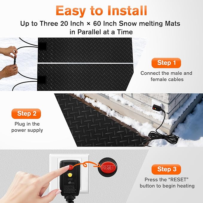 20 Inch x 60 Inch Heated Snow Melting Mat Outdoor, Anti-Slip Heated Walkway Mat with 9.84 Feet Long Power Cord, Waterproof Ice Melting Mat for Doorway Stair Step Path Roof