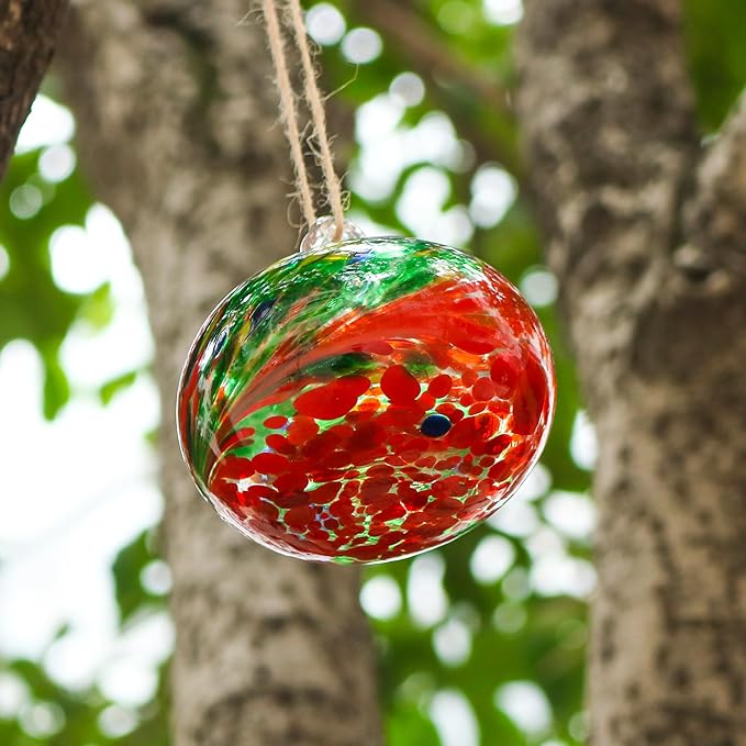 2 Pcs Blown Glass Hummingbird Feeder for Outdoors Hanging, Ant & Bee Resistant Window Bird FeederHandmade Garden Decor Gift for Women - Small Round Glass Feeders Bundle (Ellipse B2)