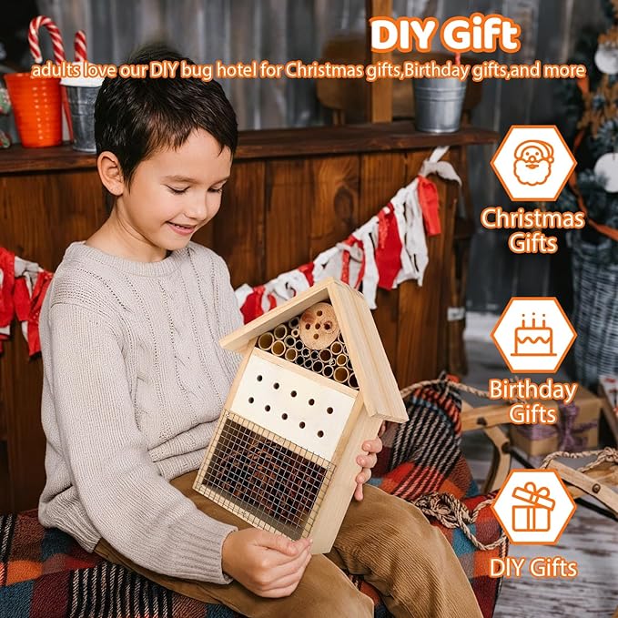 Leinuosen 4 Set Bug Hotel Kit, Wood DIY Cedar Craft for Building Bee, Hanging Insect Hotel for Bee, Butterfly, Ladybirds, Beneficial Insect Habitat, Educational Kit for Adults, Parents and Teachers