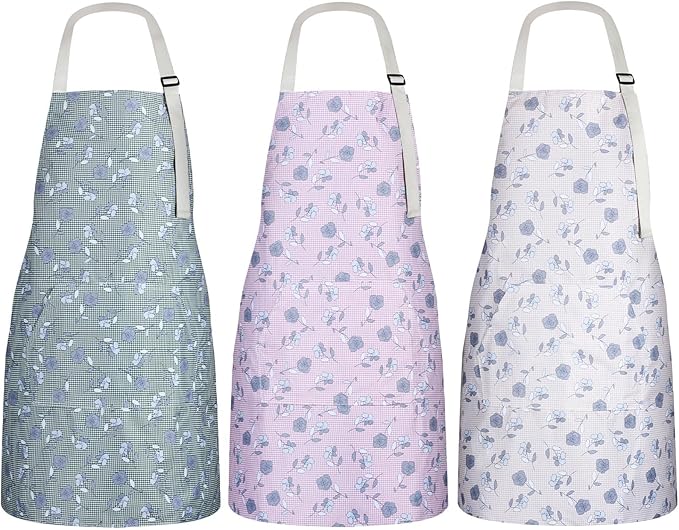 3 Pack Waterproof Floral Aprons for Women, Adjustable Strap Apronwith Pocket Multi-Use for Kitchen, Art, Garden