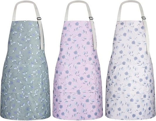3 Pack Waterproof Floral Aprons for Women, Adjustable Strap Apronwith Pocket Multi-Use for Kitchen, Art, Garden