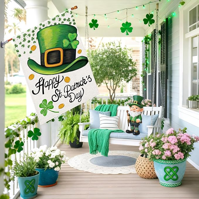 Happy St Patricks Day House Flag Burlap 28x40 Double Sided, Green Hat Shamrocks Lucky Clover Holiday Party Sign Large Flags Yard Outdoor Decorations DF660-28