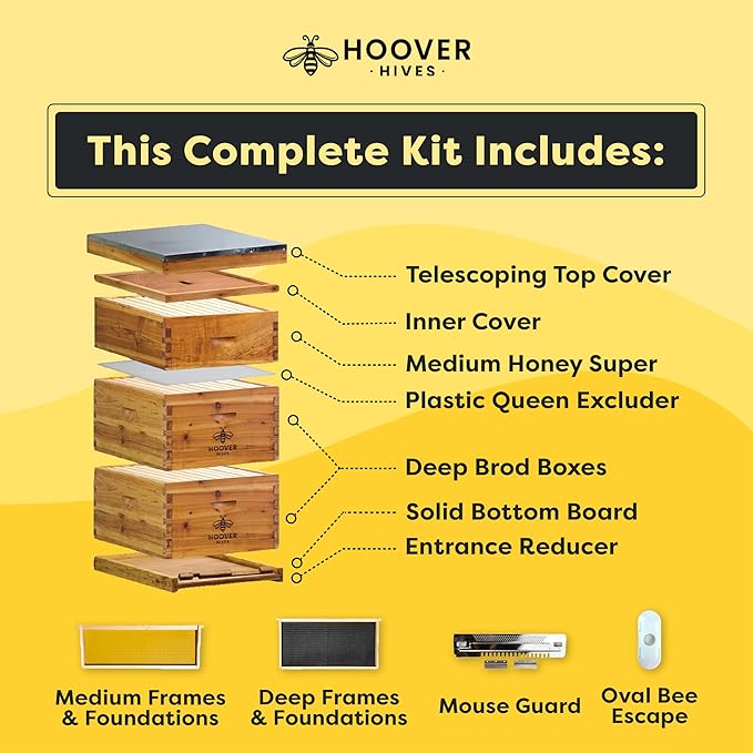 Hoover Hives: The Original Beeswax Coated Beehive Kit. Includes 2 Deep & 1 Medium Boxes with 10 Wooden Frames & Heavy Wax Coated Foundations. Easy Assembly with Predrilled Holes& Screws (Unassembled)