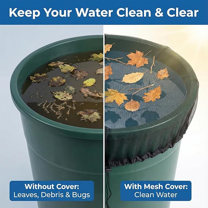 2 PCS 39in Mesh Cover for Rain Barrels, Fine Mesh Filter Screens with Adjustable Drawstring, Reusable Outdoor Garden Rain Barrel Accessories, Effective at Blocking Leaves, Debris (Black)