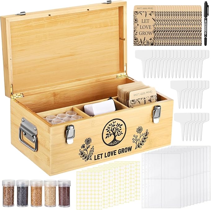 Large Bamboo Seed Storage Organizer with Lid and Locks, Seed Organizer Storage Box with 40 Jars, 50 Envelopes, 100 Plant Labels 60 Stickers & More, 4 Compartments for Garden Seeds