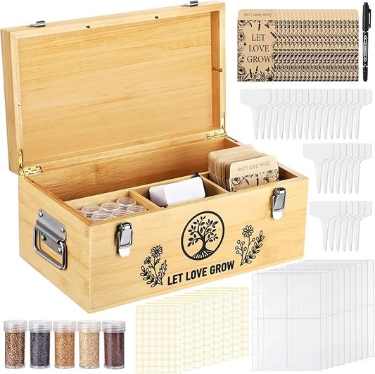 Large Bamboo Seed Storage Organizer with Lid and Locks, Seed Organizer Storage Box with 40 Jars, 50 Envelopes, 100 Plant Labels 60 Stickers & More, 4 Compartments for Garden Seeds