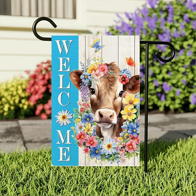 Spring Welcome Cow Garden Flag 12 x 18 inch Double Sided Outside decorations,Funny Cute Animal Small Garden Flags For Outdoor Yard Lawn