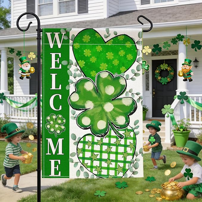 St. Patrick's Day Garden Flag 12x18 Inch Double Sided for Outside Green Clover Heart Small Burlap welcome Holiday Outdoor Lawn Farm House Yard Flag Decor