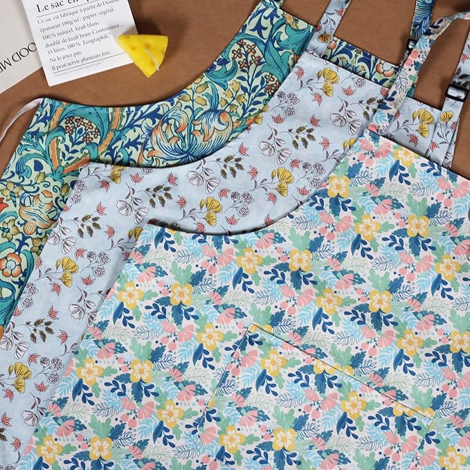 3 Pack Waterproof Floral Aprons for Women, Adjustable Strap Apronwith Pocket Multi-Use for Kitchen, Art, Garden