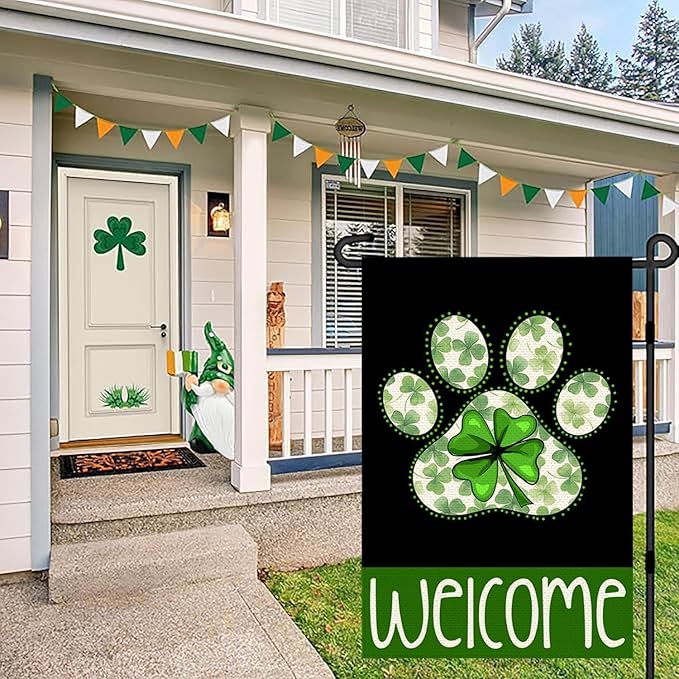 St Patricks Day Garden Flags for Outside, Irish Dog Paw with Green Hat Lucky Shamrocks Yard Decoration, Small Seasonal Outdoor Decor for Farmhouse Holiday,12x18 Inch Double Sided
