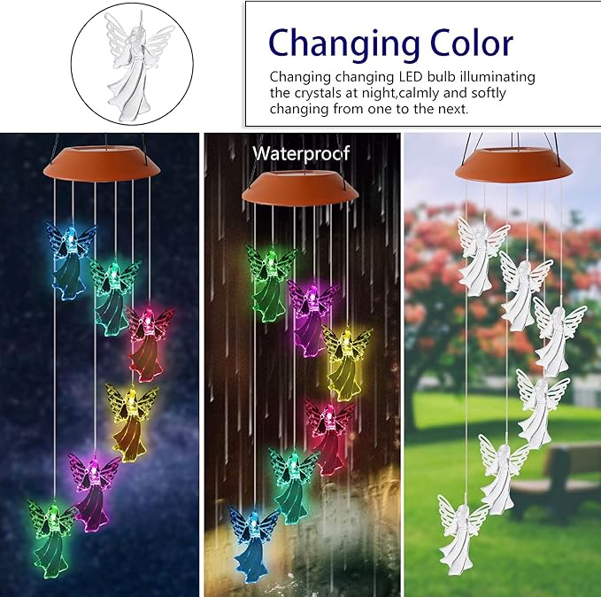 Angel Solar Wind Chimes, Color Changing Wind Chime Light Outside Birthday Gifts for Mom Grandma Solar Powered Garden Light Moms Best Gifts Memorial Wind Chimes Outdoor Decor