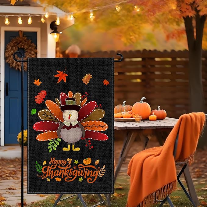 Fall Thanksgiving Turkey Garden Flag 12x18 Inch, Double Sided Bless Harvest Holiday Burlap Yard Flag for Outdoor Decoration