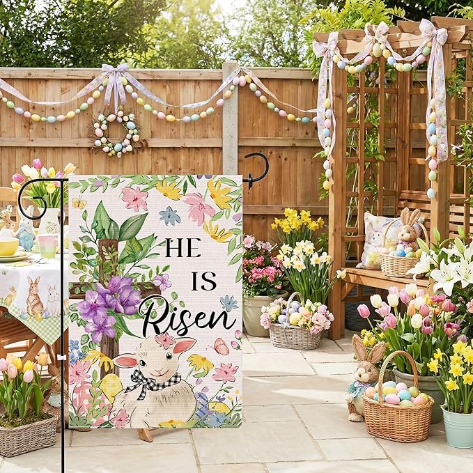 Easter Garden Flag 12x18 Inch Double Sided Outside, He Is Risen Easter Flag Burlap Lamb Flowers Cross Decorations Outdoor Yard