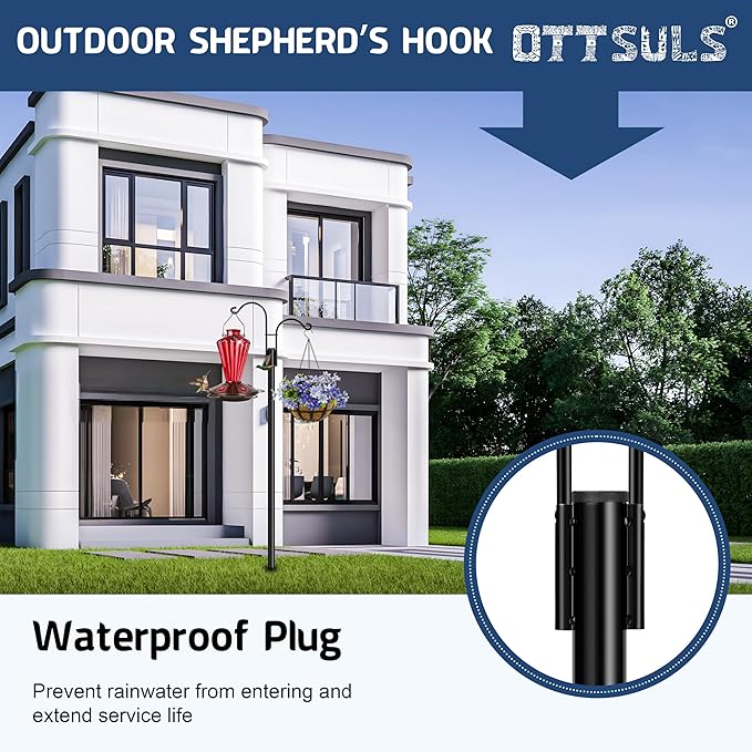 Ottsuls Double Shepherds Hooks for Outdoor, 2 Pack 108 INCH Bird Feeder Pole, Garden Pole with 5 Base Prongs Heavy Duty Planter Hooks for Hanging Plant Baskets, Lantern, Hummingbird Feeder
