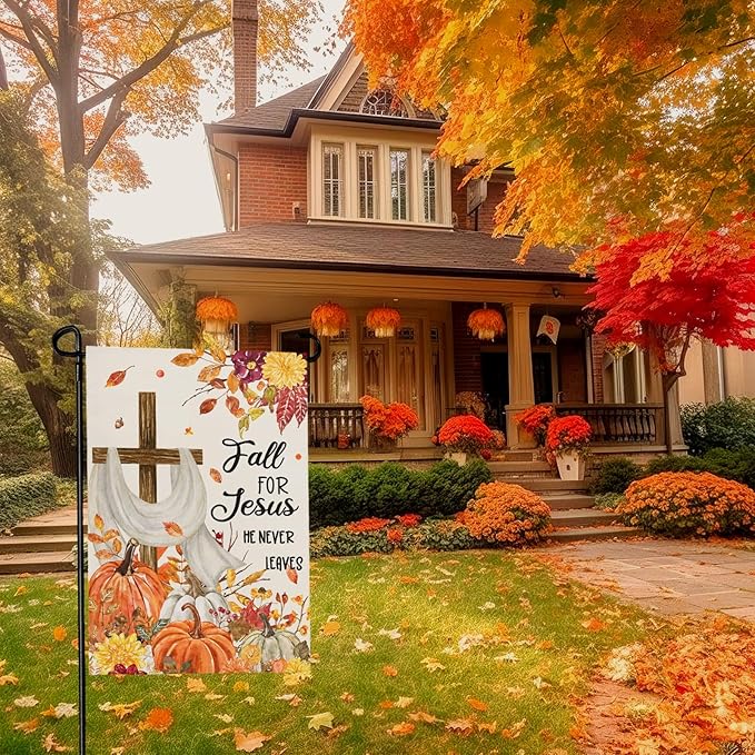 Fall for Jesus Pumpkins Garden Flag 12x18 Double Sided Fall Autumn Religious Cross Small Yard Flags for Outside Seasonal Flags Farmhouse Yard Garden Outdoor Decor