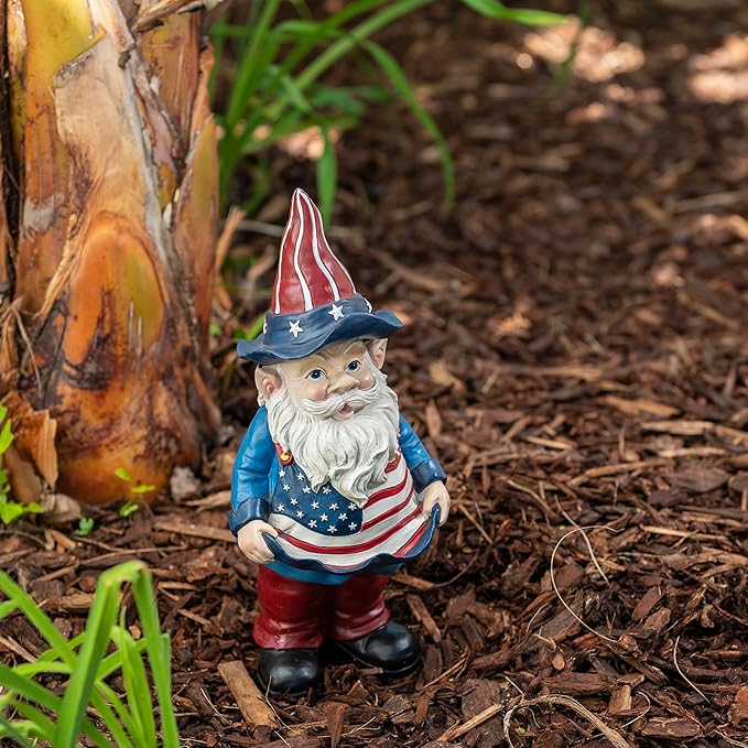 Alpine Corporation 12" Tall Outdoor Americana Garden Gnome with American Flag Bird Feeder and Yard Statue Decoration