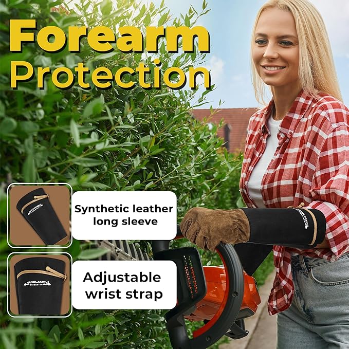 HANDLANDY Long Gardening Gloves for Men & Women, Pigskin Leather Rose Pruning Gloves, Breathable Thorn Proof Gauntlet Glove (Coffee Brown, S)