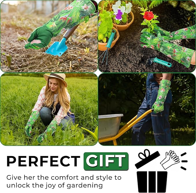 HANDLANDY Women Gardening Gloves, Scratch Resistant Breathable Ladies Rose Pruning Long Gauntlet Floral Print Garden Yard Gloves, Gift for Gardeners (Grass Green, S)