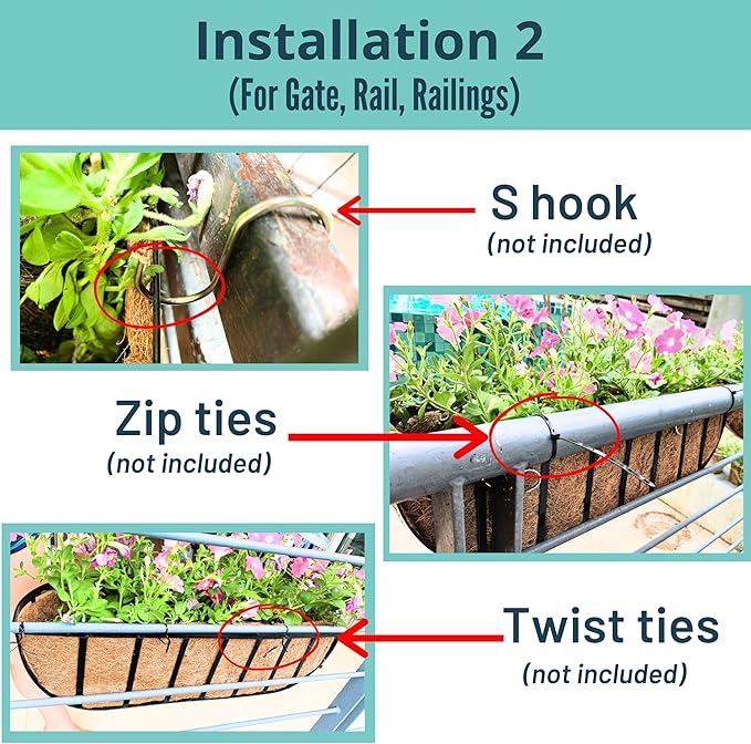 LaLaGreen Deck Railing Planter Boxes for Plants (24 Inch, 6 Pack) Metal Wall Planters for Outdoor Plants, Black Window Flower Boxes Deck Railings with Coco Liner Fence Balcony Patio Porch Over Rail