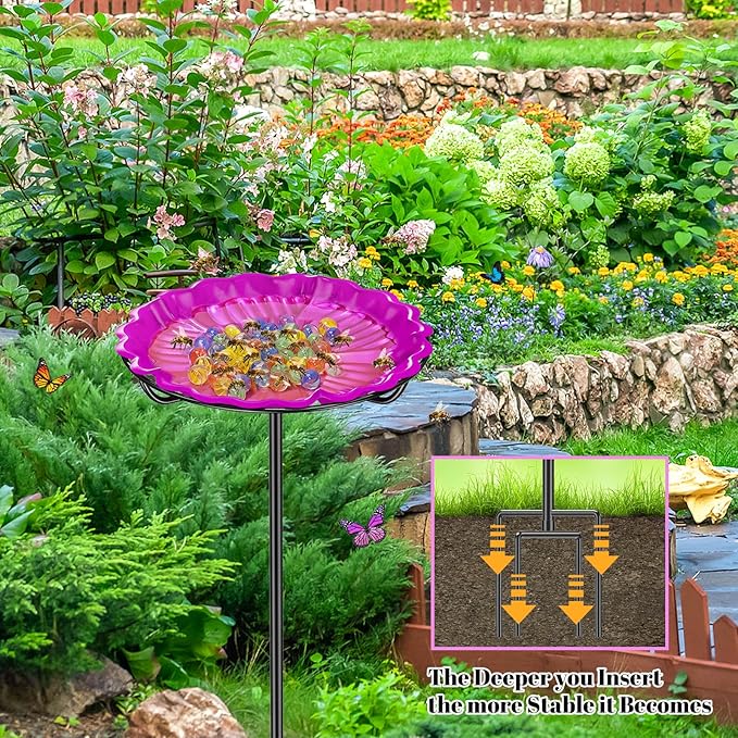 Bee Butterflies Watering Station, Standing Bee Feeder with Glass Marbles for Outside, Bee Bath Feeder with Metal Stakes Butterfly Puddler Garden Yard Déco (Rose)