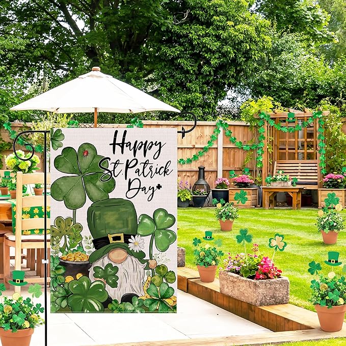 St Patricks Day Garden Flag 12x18 Inch Double Sided Outside, Shamrocks Clovers Gnome with Coin Pot Flag Burlap Happy St Patricks Day Decorations Outdoor Yard Decor